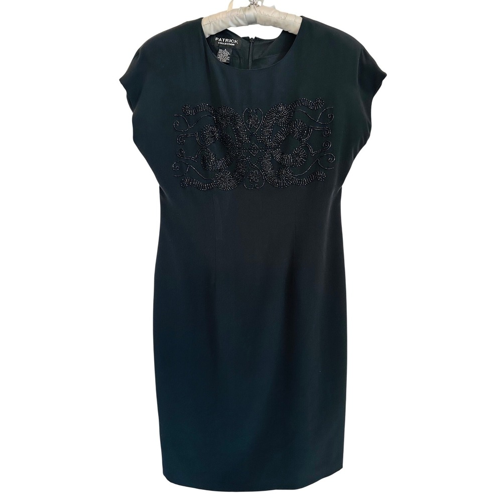 Patrick Collection Black 100% Silk Beaded Sheath Dress Vintage 8 Formal LBD 90s